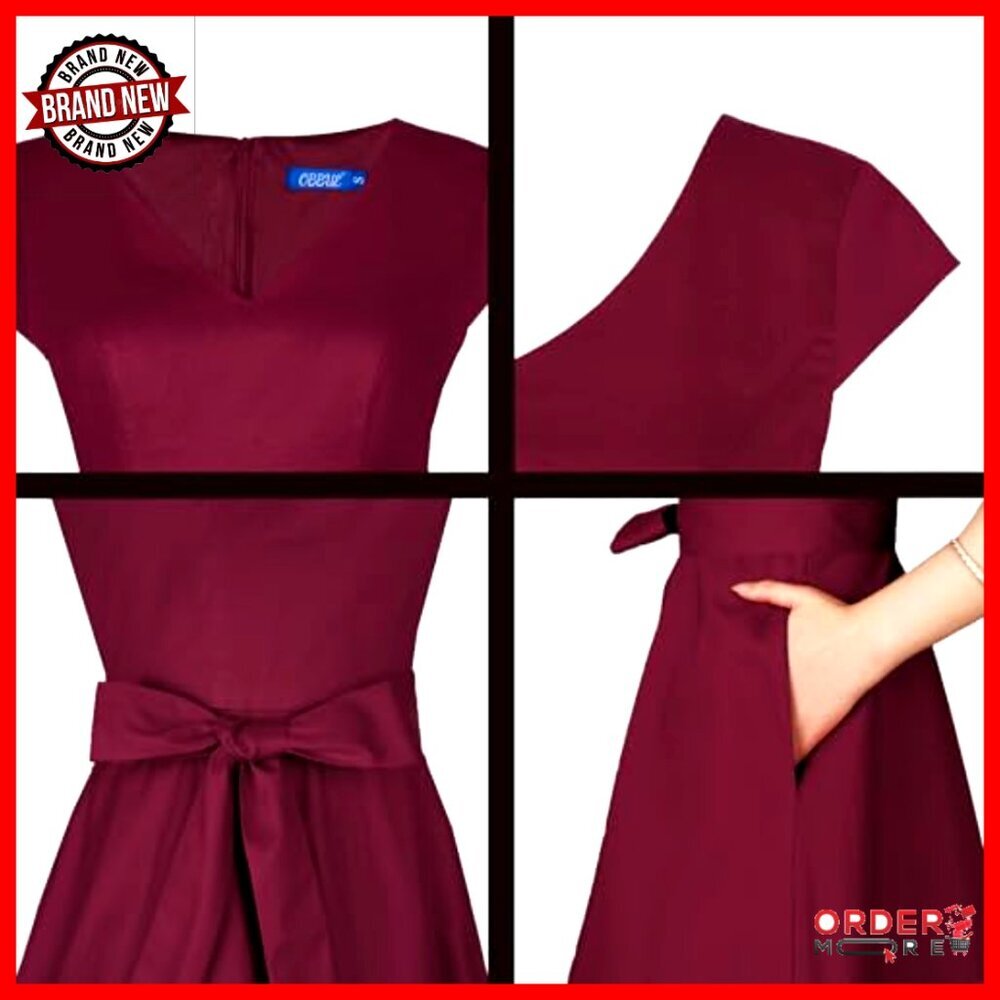 Vintage V-Neck Cocktail Dress with Pockets, Short Sleeves, Detachable Belt - Picture 5 of 6